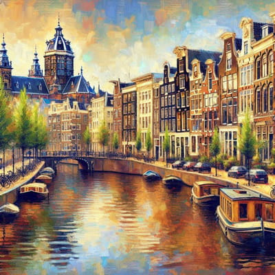 Olieverf amsterdam schilderij | Levendige stadsgezichten: de pracht van Amsterdam in olieverf | Kunst - 30x30 centimeter op Canvas | Foto op Canvas