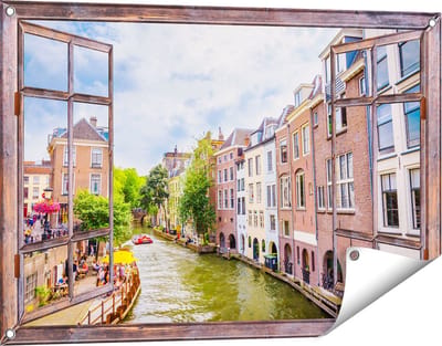 Gards Tuinposter Doorkijk Huizen aan de Oudegracht in Utrecht - 90x60 cm - Tuindoek - Tuindecoratie - Wanddecoratie buiten - Tuinschilderij