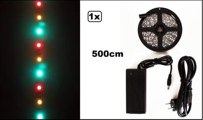 LED strip rood/geel/groen 500cm - binnen/buiten gebruik - Carnaval thema feest party optocht festival