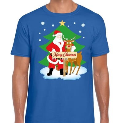 Bellatio Decorations Foute Kersttrui t-shirt - kerstman en rendier Rudolf - blauw - voor heren S