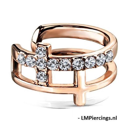 Fake piercing double cross CZ paved gold plated rose kleur - LMPiercings
