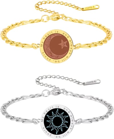 Zonne-, Maan- en Sterren Armband voor Koppels – ‘Mijn Hart is Altijd van Jou’ – 2 Stuks Zilver en goud – Romantisch Cadeau voor Haar of Hem, Verjaardag, Jubileum of Valentijn