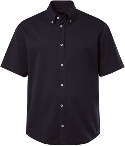 JP 1880 - Heren - Seersucker overhemd jerseystof halflange mouwen modern fit - Navy blauw - Maat L
