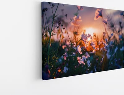 Saammp Canvas Schilderij - Landschap - Bloemen met zonsondergang - Natuur - 45x30 - Foto op canvas - Wanddecoratie - Muurdecoratie Woonkamer - Slaapkamer decoratie - Canvas Print
