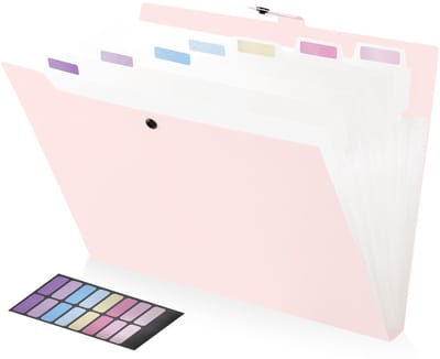 Accordeon File Organizer, 8 vakken uitbreidbare doos bestand, plastic documentenmappen voor papierwerk A4 met deksel en etiketten, organizer opslag voor thuis, kantoor, school, roze