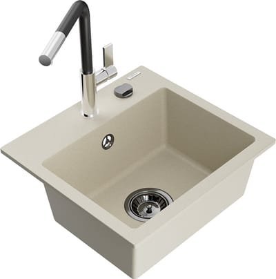 Mexen Milo granieten spoelbak met 1 bak en Flora keukenkraan, beige - 6505-69-670401-07-B