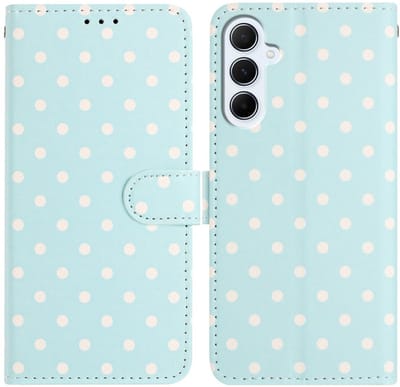 Hoesje Geschikt voor Samsung Galaxy S25 FE | Polka Dot Wallet Book Case | Portemonnee Hoesje | 3 Pasjes | Magneetsluiting | Stand Functie | Blauw