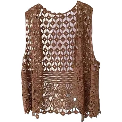 Damesvest Stijlvol Dames Gehaakt Mouwloos Vest Lichtgewicht Open Steek Zomervest Retro Gebreide Bovenkleding Jas voor Dagelijks One Size koffie