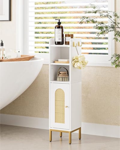 Verte Toiletkastje - Badkamerkast - Smalle Vrijstaande Badkamerkast - Hoge Badkamerkasten met Deur - Keuken - Woonkamer - Slaapkamer - Balkon of Kantoor - Wit Rotan
