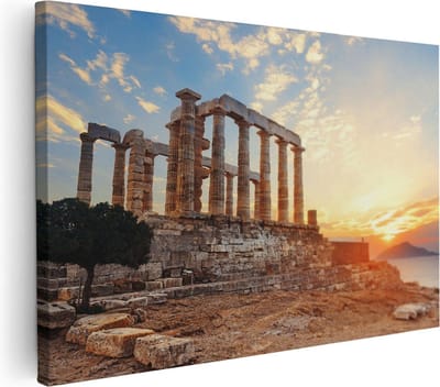 Artaza Canvas Schilderij Zonsondergang Zee - 30x20 cm - Klein - Wanddecoratie Griekenland - Muurdecoratie Ruïnes - Kamer Accessoires Zon