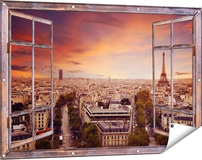 Gards Tuinposter Doorkijk Skyline Parijs met Eiffeltoren - 120x80 cm - Tuindoek - Tuindecoratie - Wanddecoratie buiten - Tuinschilderij