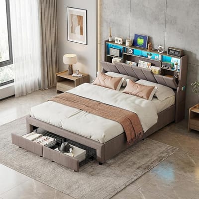 Gestoffeerd Bed - Opbergbed - Slaapkamer Inrichten - Met LED Hoofdbord - 140x200 cm - Grijs