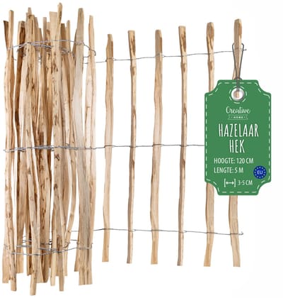 Creative Home houten schutting 120cm hoog en 5m lang | hazelnoot schutting | rolschutting | lamelafstand 3-5 cm | schutting tuin Ideaal als gazonrand bloemperk rand gemaakt van hazelnoot