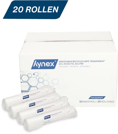 Hynex Vuilniszak 50 Liter - 1000 stuks - afvalzakken - Vuilzakken - Pedaalemmerzakken - Gerecycled HDPE - 63x70cm - 20 rollen van 50 stuks - Transparant