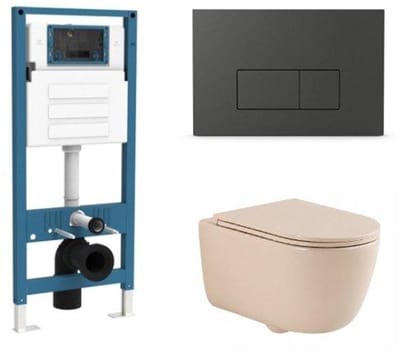 QeramiQ Dely Swirl Toiletset - inbouwreservoir Qeramiq Flush - slim zitting - kunststof mat antraciete bedieningsplaat - rechthoekige knoppen - beige
