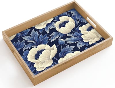 Dienblad hout 40x30 cm - Schootdienblad - Bloemen - Patroon - Blauw - Wit - Borrelplank rechthoek - Plateau dienbladen