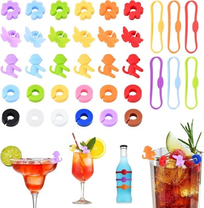 Set van 36 Herbruikbare Glazenmarkers in 6 Kleuren en 5 Stijlen voor Feesten, Bruiloften en Bars, Kleurige Siliconen Marker Pennen voor Drinkglazen