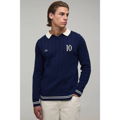 Regular Fit V Neck Ribbed Knitted Polo T-Shirt | Navy | Size XS