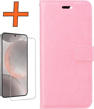 Hoes - Met Screenprotector - Geschikt voor Samsung Galaxy S24 - Luxe Pasjeshouder - Bookcase Portemonee - Flip Case - Kunstleer Book Case - Flipcase - Book Cover - Walletcase - PortemonneeHoes - Lichtroze