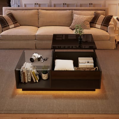 Led Salontafel - Hoogglans - Verstelbaar - Opbergruimte - App - Hefblad - Gasveer - Lades - Woonkamer - 100x50x33cm - 1 Stuk - Zwart/Wit