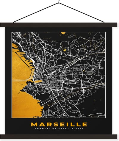 Posterhanger incl. Poster 60x60 cm - Schoolplaat - Stadskaart – Frankrijk – Kaart – Plattegrond - Marseille - Textielposter - Zwarte latten - Stadskaart