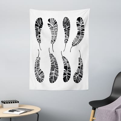ABAKUHAUS Wandtapijt met veren, Boheemse stijl, 110 x 150 cm, zwart-wit