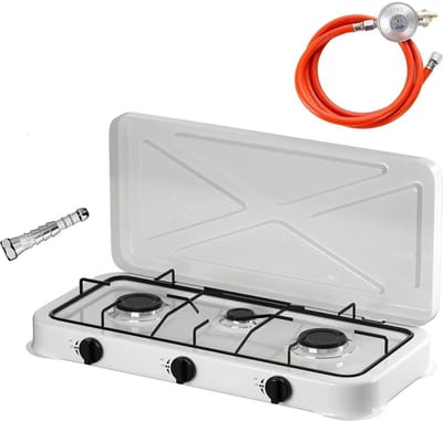 Borvat® Gasstel 3 Pits – Compact kooktoestel voor – Krachtige gaskookplaat – Ruimtebesparend ontwerp-incl. 1.5 m Gasslang en drukregelaar - drukregelaar 50 mbar-Wit