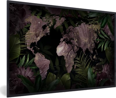 Poster in lijst - Fotolijst 90x60 cm - Posters - Wereldkaart - Luxe - Planten - Posterlijst zwart - Decoratie - Wanddecoratie woonkamer - Muurdecoratie slaapkamer