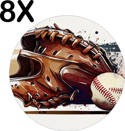 Luxe Ronde Placemat - Getekende Honkbal met Handschoen - Set van 8 Placemats - 50x50 cm - 2 mm dik Vinyl - Anti Slip - Afneembaar