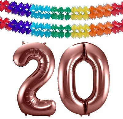 Folat Verjaardag Leeftijd folieballon - 20 jaar - rosé goud - 86 cm - cijferballon groot - incl 2x feestslingers