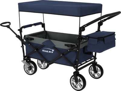 Hauki | Opvouwbare bolderkar XXL met dak en tas, tot 120 kg, van staal, blauw-grijs, transportkar, handkar, opvouwbaar, voor kinderen, picknick & kamperen