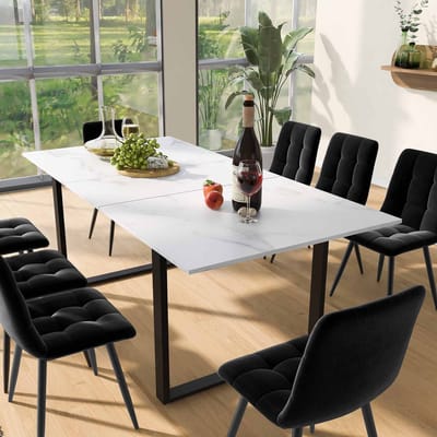 Sweiko Eettafel Telescopische Tafel, 140/180x80x75cm, Metalen IJzeren Benen en Vierkante Tubulaire Benen, Moderne Witte MDF Tafelblad Met Marmeren Patronen, Dubbel Gebruik voor Huis en Kantoor
