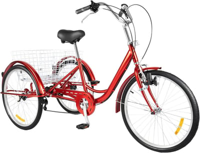 Driewieler voor Volwassenen - Driewiel Fiets - Ontspannen Ritjes - Grote Boodschappenmand - 24 Inch Wielen - Rood