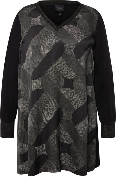 Ulla Popken - Dames - Longtuniek glitterstrepen V-hals lange mouw - Zwart - Maat 42+