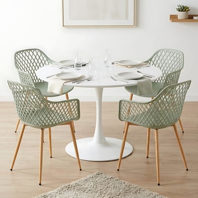 EGGREE eettafel en stoelen set - tafel met een diameter van 120 cm en 4 grijsachtig groen stoelen - geschikt voor bar - keukeneiland -café en eetkamer.