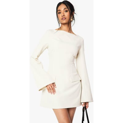 boohoo Dames Getailleerde mini-jurk met lange mouwen en slash-hals | Ecru | Maat: 36