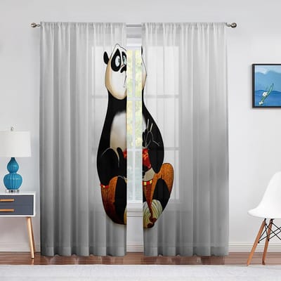 Cartoon Panda Leuk Dierenthema Tule Gordijnen voor Slaapkamer Zwart Wit Raamgordijn Hotel Decor Woonkamer Sheer Gordijnen 1 PCS W100XH250cm&Grommet Top