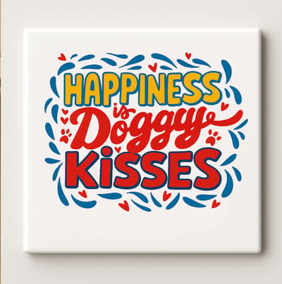 “Happiness Is Doggy Kisses” Tegel – Schattige Hondenliefhebber Spreuk Keramische Tegel 15×15 cm voor Huis, Keuken & Wanddecoratie