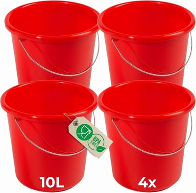 Novaliv 4 stuks emmer 10L rood met maatverdeling - schoonmaak emmer 10 liter? 28,5 cm Praktische alleskunner met schaalverdeling voor huishouden & tuin ideaal als huishoudemmer, wateremmer, dweilemmer, emmer