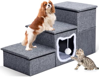Bilibrara Hondentrap voor kleine honden, opvouwbare huisdiertrap voor hoog bed, antislip 3-traps kattentrap met opslag, appartement en pluizige bal, grote hondenoprit voor bankraam, tot 80 kg, 16,7