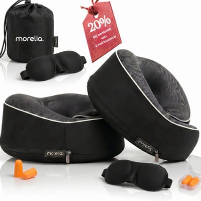 Morelia® Volledige Set Nekkussen (Zwart 32 cm) - Incl Slaapmasker & Oordoppen - Luxe Reiskussen voor het Vliegtuig en de Auto - Traagschuim