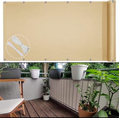 Balkonscherm, inkijkbescherming, 140 x 1000 cm, balkonbekleding, ondoorzichtig, waterdicht, windbestendig en uv-bescherming, voor tuin, balkon, terras, met kabelbinders en touw, zandkleur