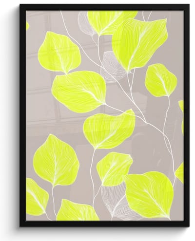Poster in lijst - Fotolijst 60x80 cm - Posters - Bladeren - Neon - Geel - Lijnen - Posterlijst zwart - Decoratie - Wanddecoratie woonkamer - Muurdecoratie slaapkamer