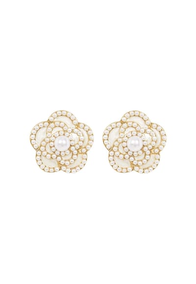 Margot Bardot Camelia Flower Pearl Studs White