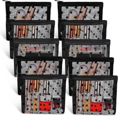 Cosmetische tasjes met hartjesprint - 10-delige set, mini opbergzakjes voor make-up, handig voor reizen, kantoor en dagelijks gebruik, zwart en schattig