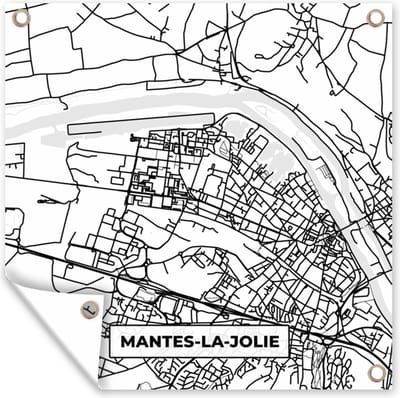 Tuin poster Kaart - Plattegrond - Mantes-la-Jolie - Frankrijk - Stadskaart - Zwart wit - 200x200 cm - Tuindoek