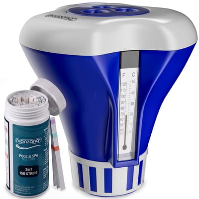 Doseervlotter voor zwembaden 20-200g tabletten inclusief 150 3in1 teststrips UV-bestendige chloordrijver met thermometer