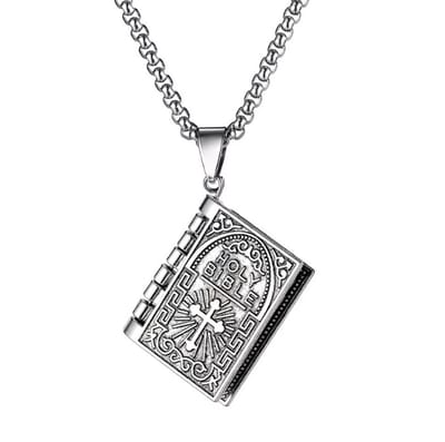 Zilverkleurige bijbel hanger ketting voor heren en dames – schakelketting met religieus boekontwerp en kruis