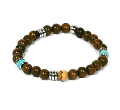 IbizaMen - heren armband - robles hout - turkoois ,jaspis en amazoniet kraal - staal - 21cm