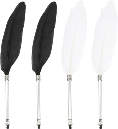 Set van 4 Stuks Veer Balpennen, Fluffy Vintage Inkt met Gansveertjes voor Calligrafie, Handtekeningen en Bruiloftsgeschenken, Zwart en Wit